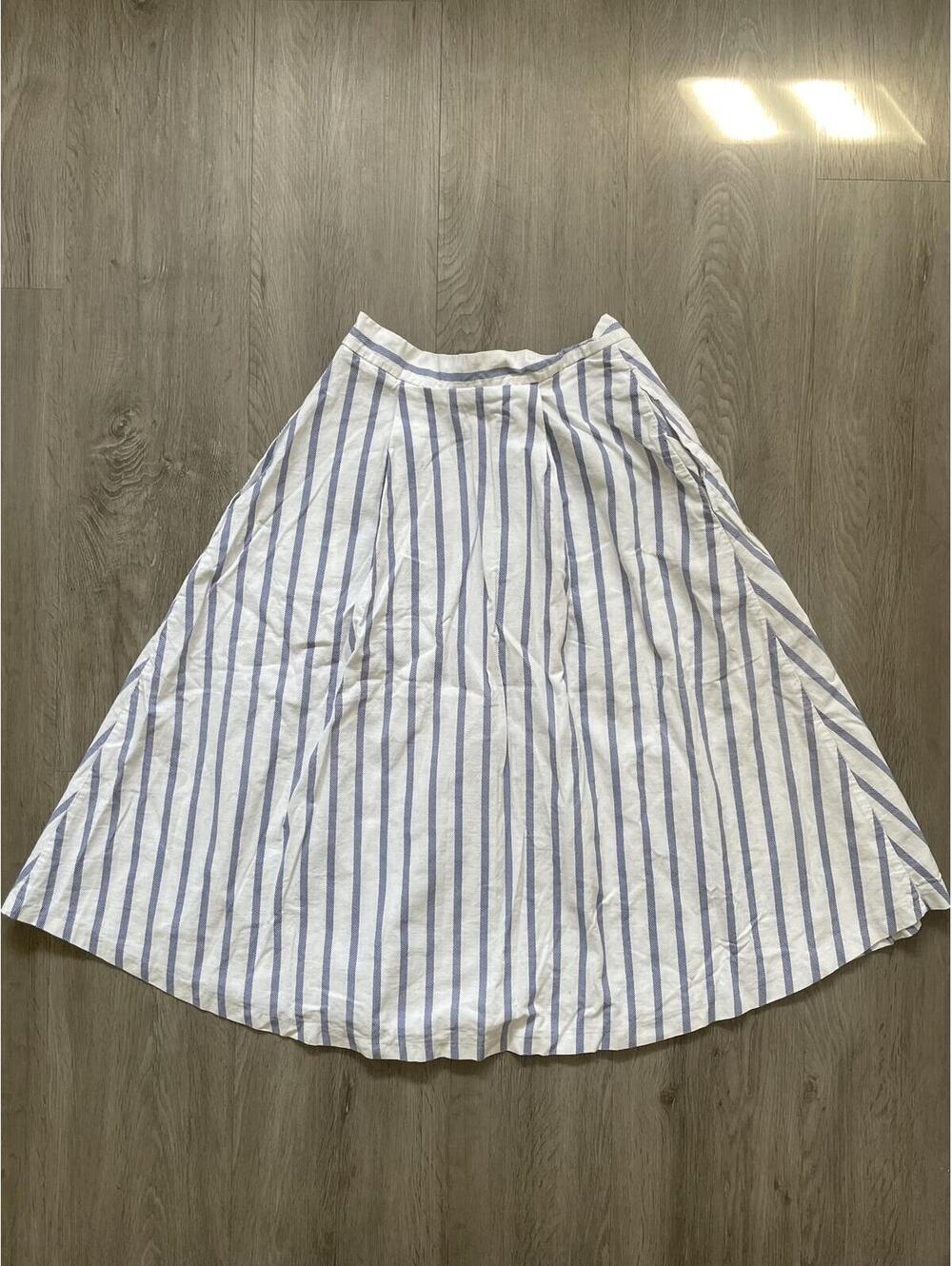 White and Blue Vertical Striped Midi Skirt